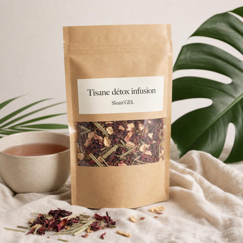 Tisane détox infusion — Sloan'GEL Réunion Sachet kraft naturel Sloan'GEL, étiquette « Tisane détox infusion », sur lin crème avec tasse en céramique et plantes séchées