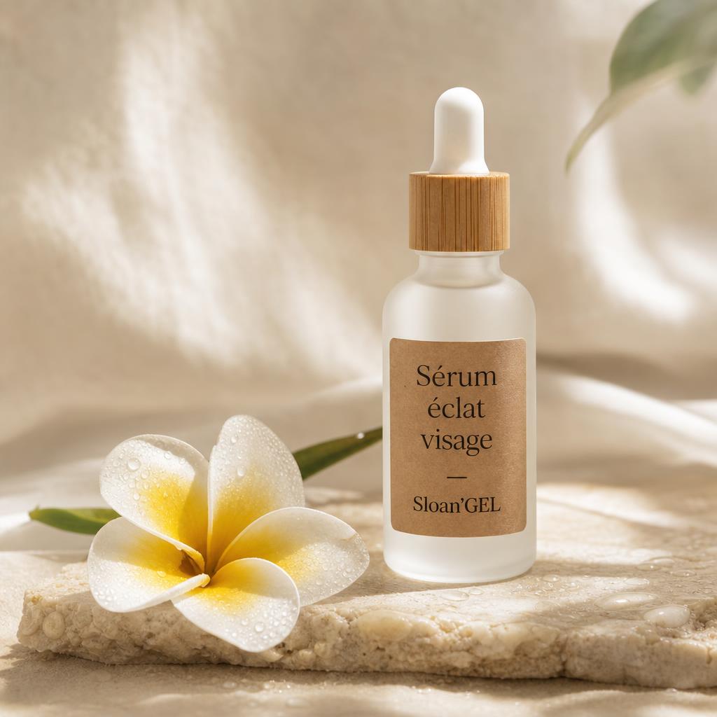Sérum éclat visage — Sloan'GEL Réunion Flacon en verre dépoli à pipette bambou Sloan'GEL, étiquette kraft « Sérum éclat visage », sur lin crème avec fleur de frangipanier et gouttes de rosée