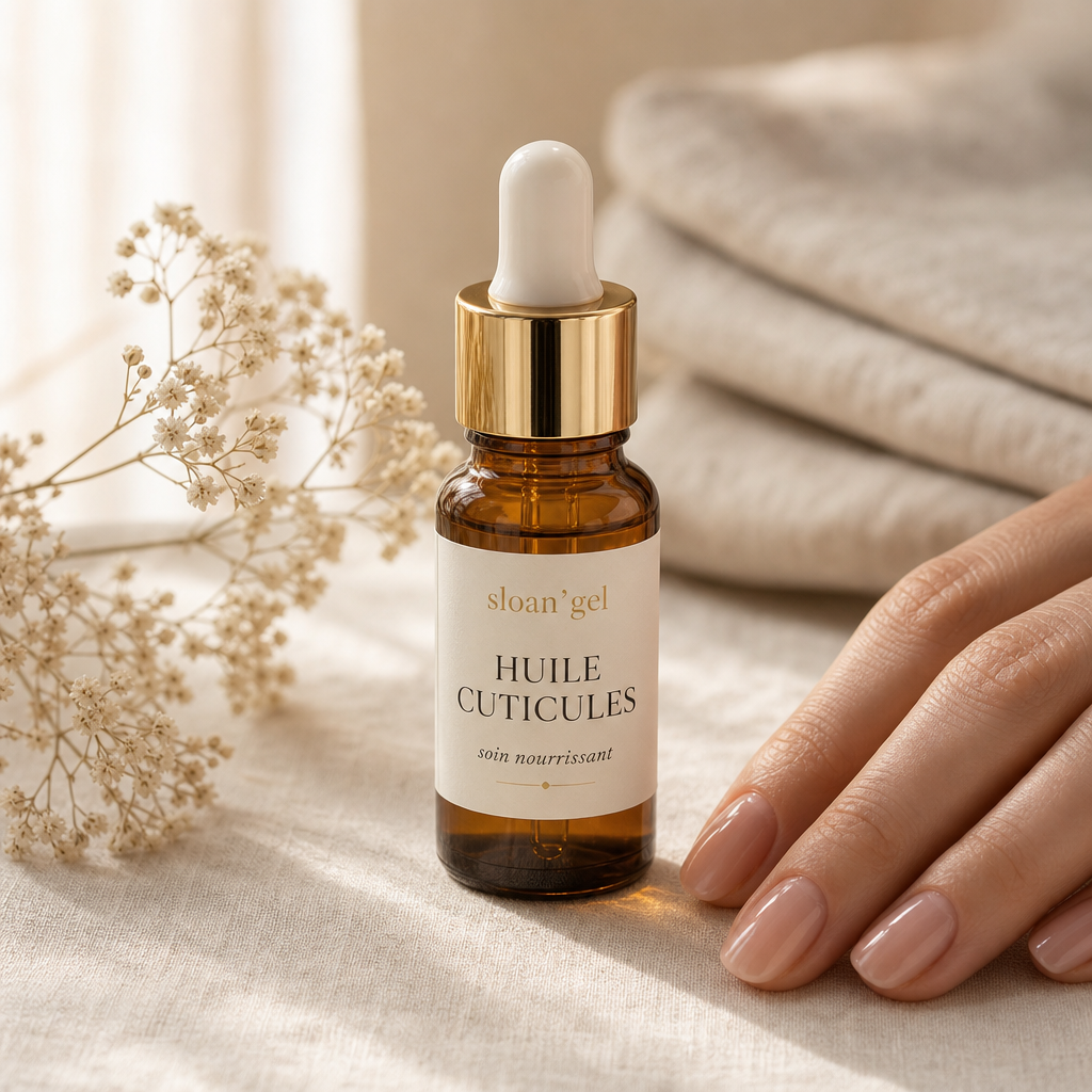 Huile cuticules nourrissante — Sloan'GEL Réunion Flacon ambré d'huile nourrissante pour cuticules Sloan'GEL, étiquette « Huile cuticules », posé sur lin crème à côté d'une main aux ongles soignés