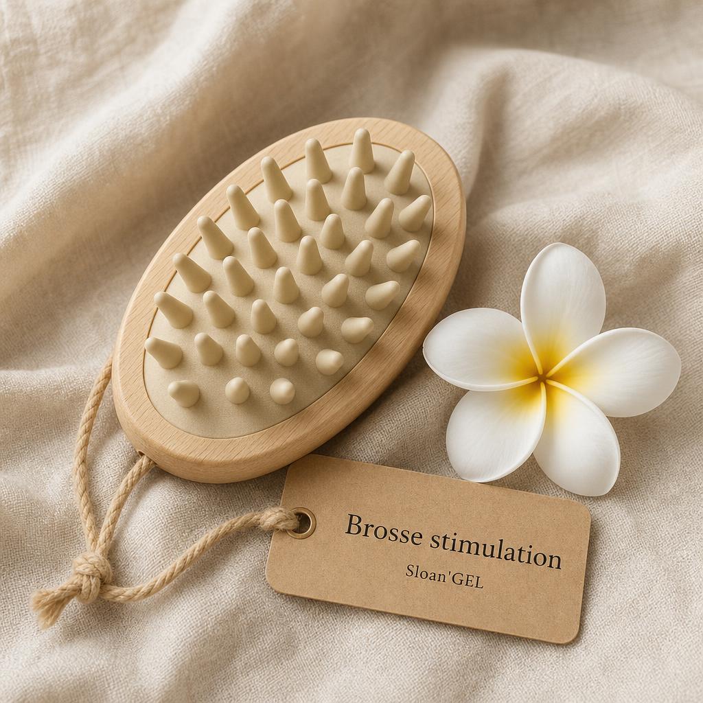Brosse stimulation cuir chevelu — Sloan'GEL Réunion Brosse en bois clair avec picots souples Sloan'GEL, étiquette kraft « Brosse stimulation », posée sur lin crème avec fleur de frangipanier