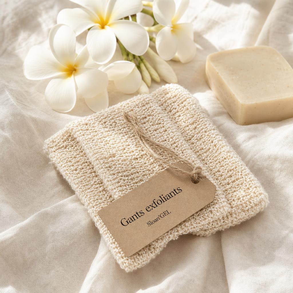 Gants exfoliants fibres végétales — Sloan'GEL Réunion Gants exfoliants en fibres végétales écru Sloan'GEL, étiquette kraft « Gants exfoliants », sur lin crème avec frangipanier et savonnette