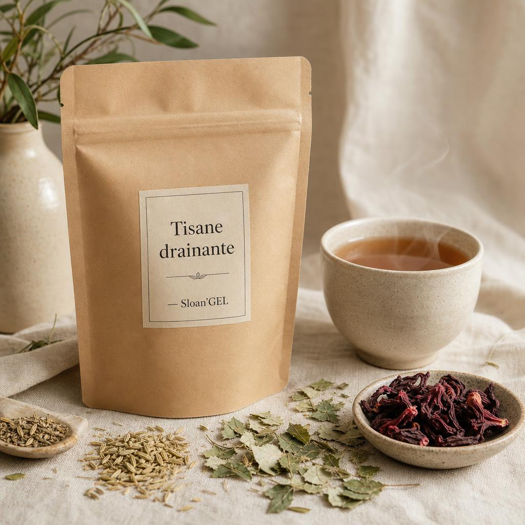 Tisane drainante infusion — Sloan'GEL Réunion Sachet kraft naturel Sloan'GEL, étiquette « Tisane drainante », tasse en céramique, hibiscus séché et feuilles de bouleau sur lin crème