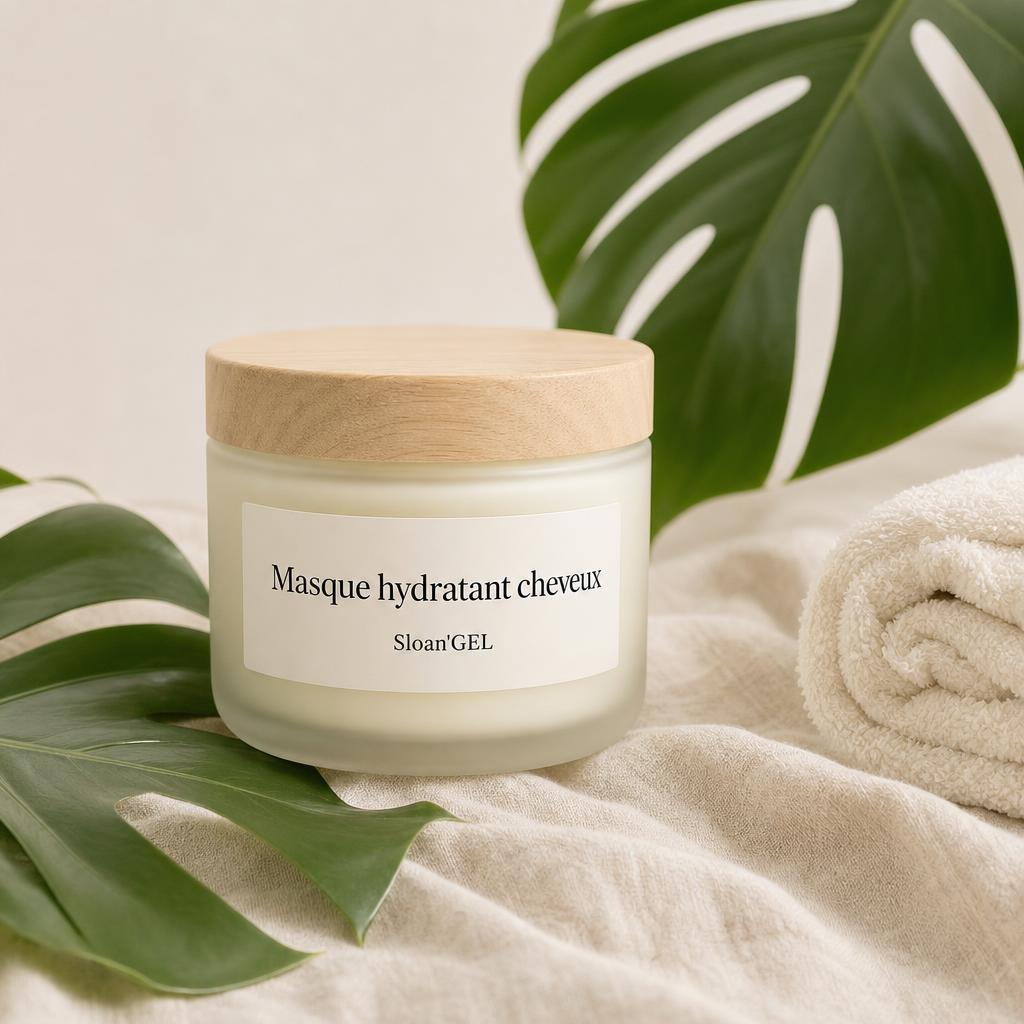 Masque hydratant cheveux — Sloan'GEL Réunion Pot en verre dépoli à couvercle bois Sloan'GEL, étiquette « Masque hydratant cheveux », mis en scène avec serviette ivoire et feuilles tropicales