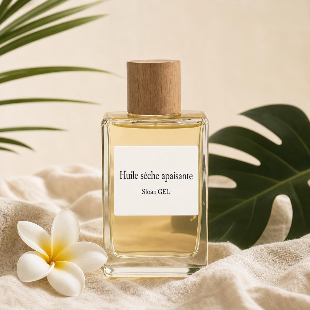 Huile sèche apaisante post-épilation — Sloan'GEL Réunion Flacon en verre transparent à capuchon bois Sloan'GEL, étiquette « Huile sèche apaisante », sur lin crème avec frangipanier