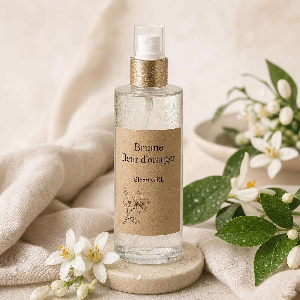 Brume hydratante fleur d'oranger — Sloan'GEL Réunion Flacon spray transparent Sloan'GEL, étiquette kraft « Brume fleur d'oranger », sur lin crème avec fleurs d'oranger fraîches et feuilles vertes