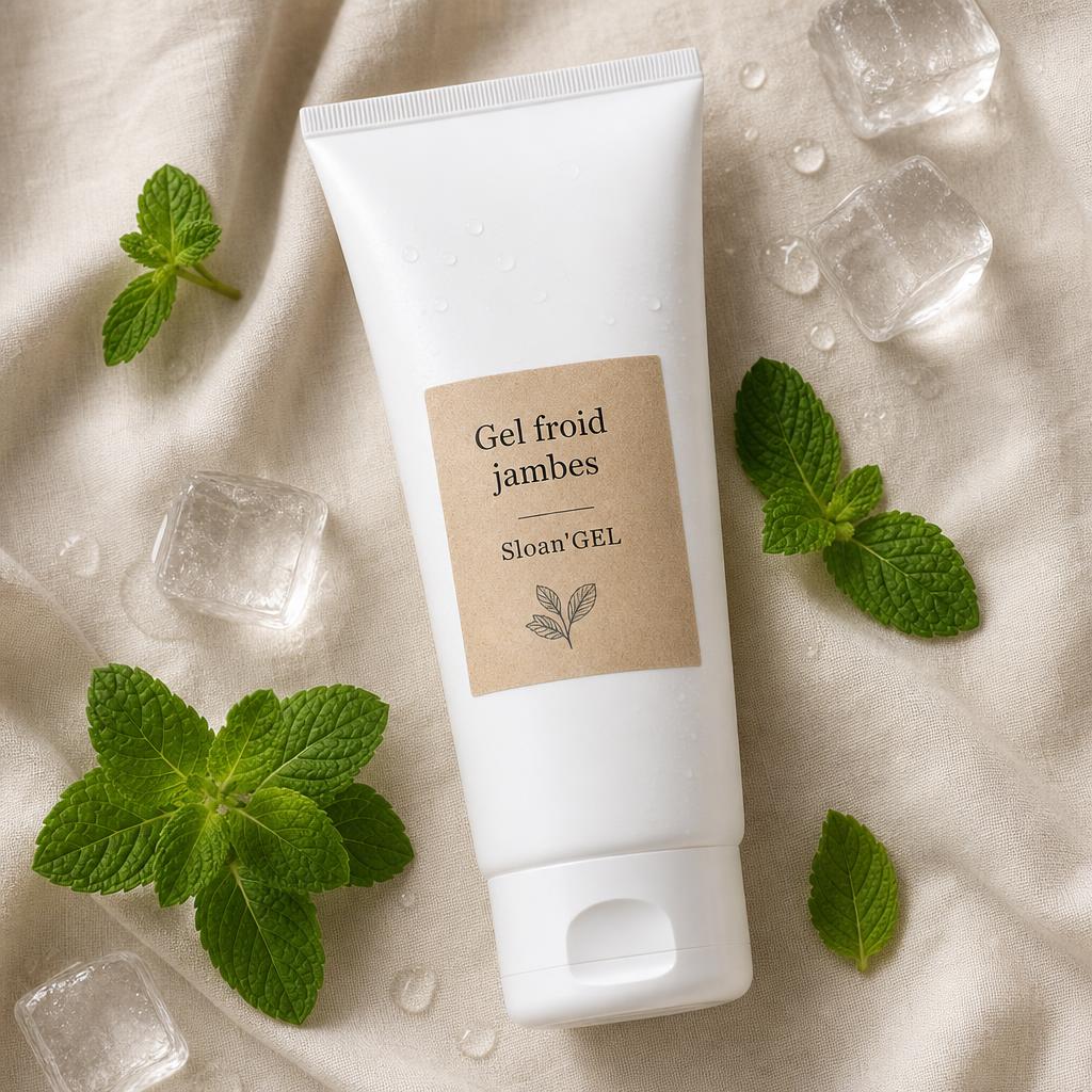 Gel froid jambes lourdes — Sloan'GEL Réunion Tube blanc mat Sloan'GEL, étiquette kraft « Gel froid jambes », posé sur lin crème avec menthe fraîche et glaçons translucides