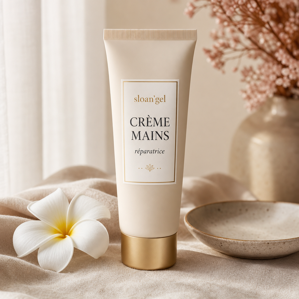 Crème mains réparatrice — Sloan'GEL Réunion Tube de crème mains réparatrice Sloan'GEL, étiquette « Crème mains », mise en scène avec fleur de frangipanier et lin beige