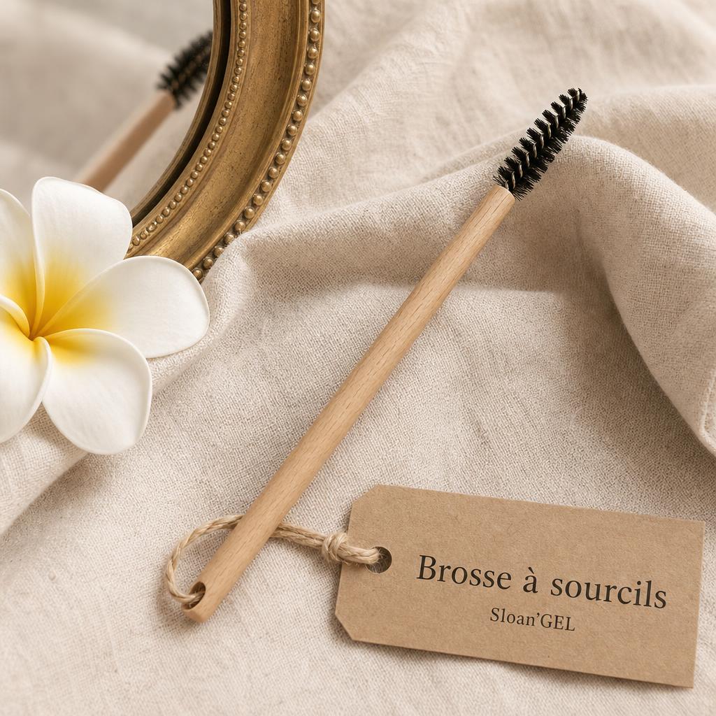 Brosse à sourcils bois — Sloan'GEL Réunion Brosse à sourcils en bois clair Sloan'GEL, étiquette kraft « Brosse à sourcils », sur lin crème avec miroir doré et frangipanier