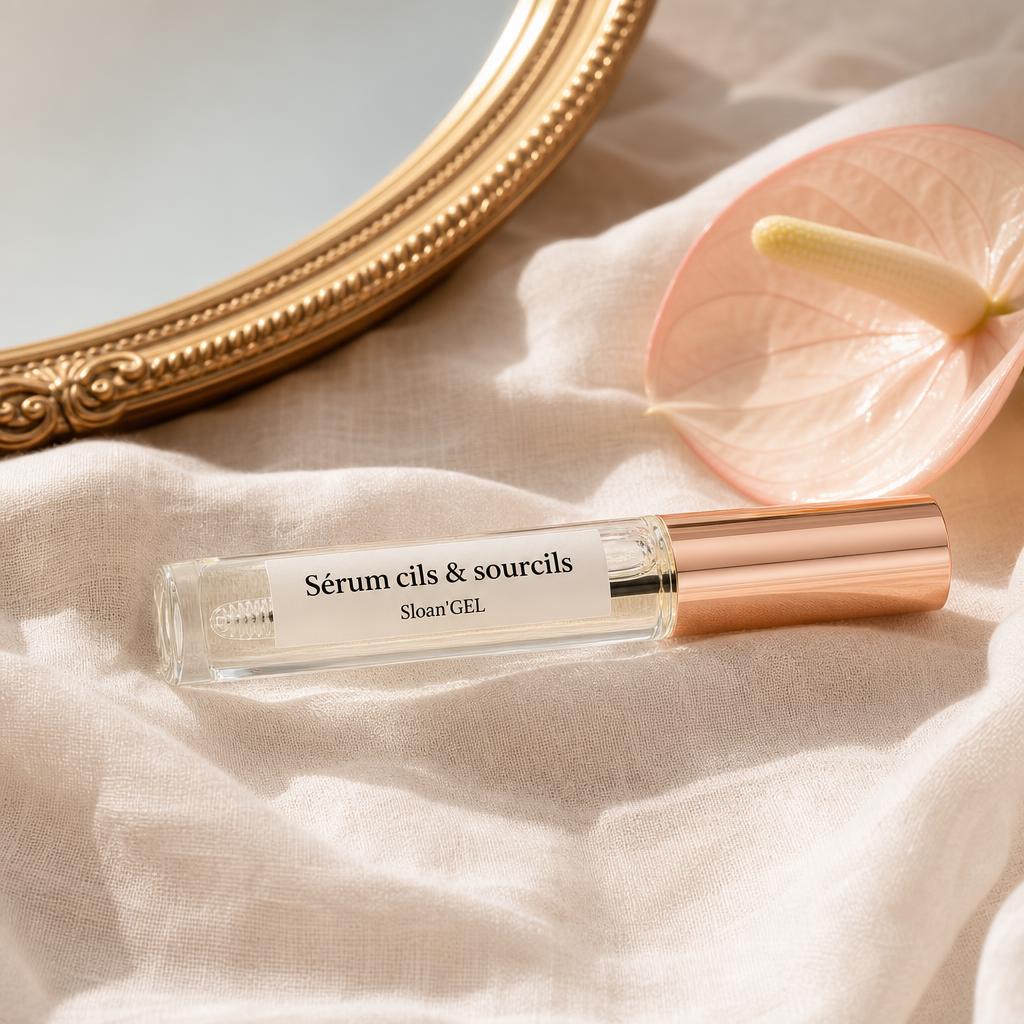 Sérum fortifiant cils & sourcils — Sloan'GEL Réunion Petit flacon transparent à capuchon doré rosé Sloan'GEL, étiquette « Sérum cils & sourcils », sur lin crème avec miroir vintage