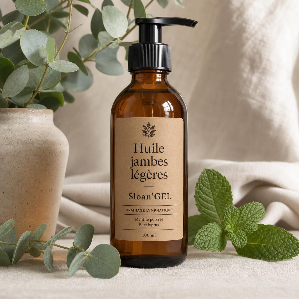 Huile jambes légères drainante — Sloan'GEL Réunion Flacon ambré à pompe Sloan'GEL, étiquette kraft « Huile jambes légères », sur lin crème avec eucalyptus et menthe poivrée