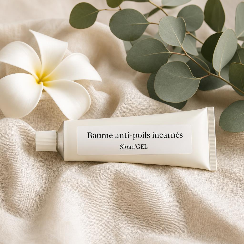 Baume anti-poils incarnés — Sloan'GEL Réunion Tube blanc cassé Sloan'GEL, étiquette « Baume anti-poils incarnés », posé sur lin crème avec eucalyptus et frangipanier