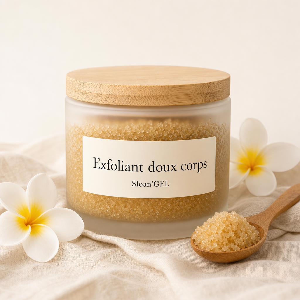 Exfoliant doux corps — Sloan'GEL Réunion Pot en verre dépoli à couvercle bois Sloan'GEL, étiquette « Exfoliant doux corps », sur lin crème avec fleurs de frangipanier et cuillère bois