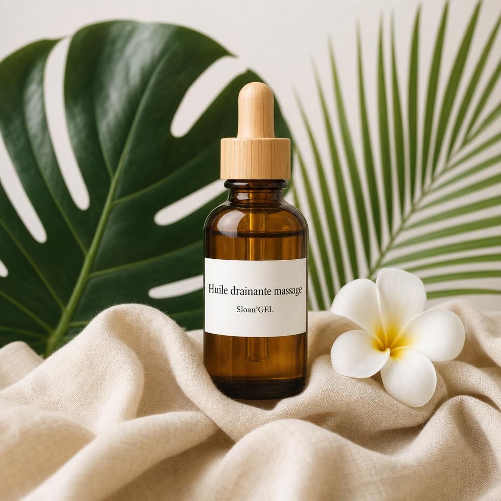 Huile drainante massage — Sloan'GEL Réunion Flacon ambré à compte-gouttes bois Sloan'GEL, étiquette « Huile drainante massage », sur lin crème avec feuilles tropicales