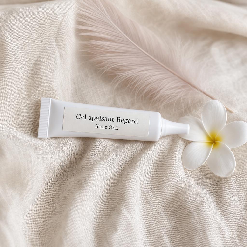 Gel apaisant Regard post-épilation — Sloan'GEL Réunion Tube blanc mat de gel apaisant Sloan'GEL, étiquette « Gel apaisant Regard », posé sur lin crème avec plume douce et frangipanier
