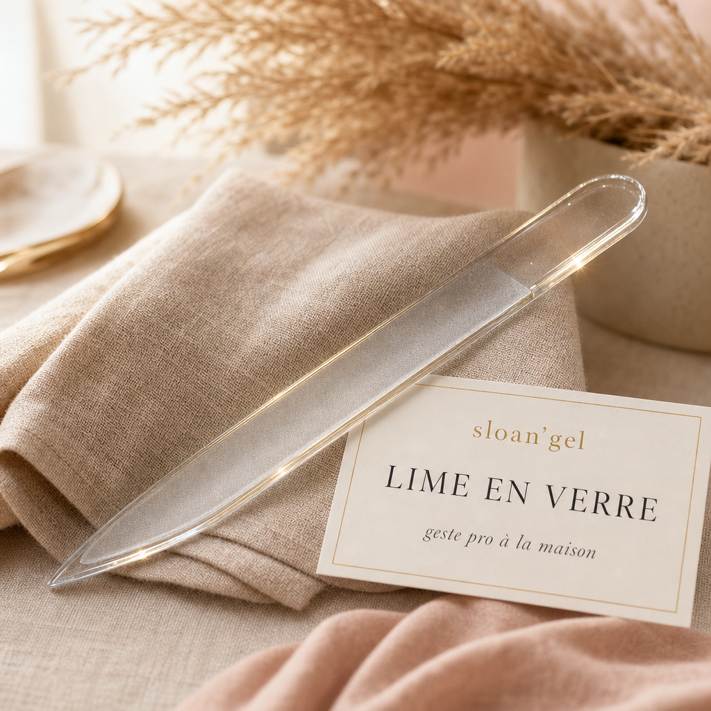 Lime à ongles en verre — Sloan'GEL Réunion Lime à ongles en verre cristal Sloan'GEL posée sur lin beige avec carte « Lime en verre — geste pro à la maison »