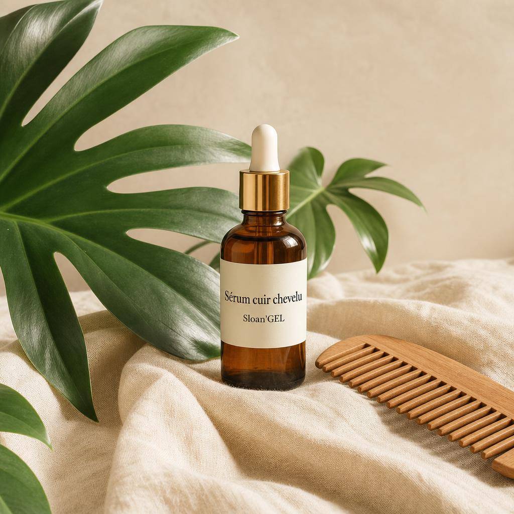 Sérum cuir chevelu apaisant — Sloan'GEL Réunion Flacon ambré de sérum apaisant pour cuir chevelu Sloan'GEL, étiquette « Sérum cuir chevelu », sur lin crème avec feuilles tropicales