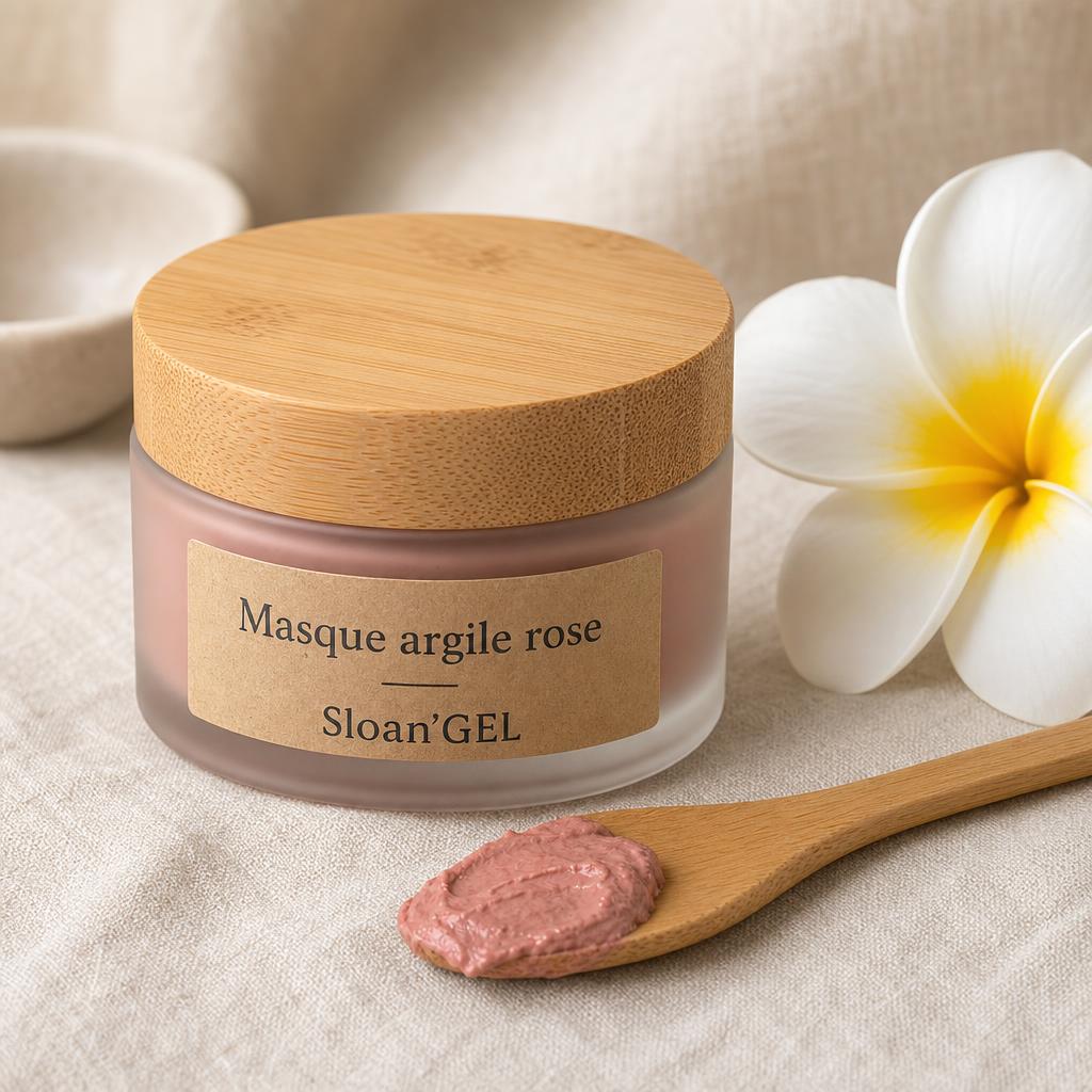 Masque détox argile rose visage — Sloan'GEL Réunion Pot en verre dépoli à couvercle bambou Sloan'GEL, étiquette kraft « Masque argile rose », cuillère en bois et frangipanier sur lin crème